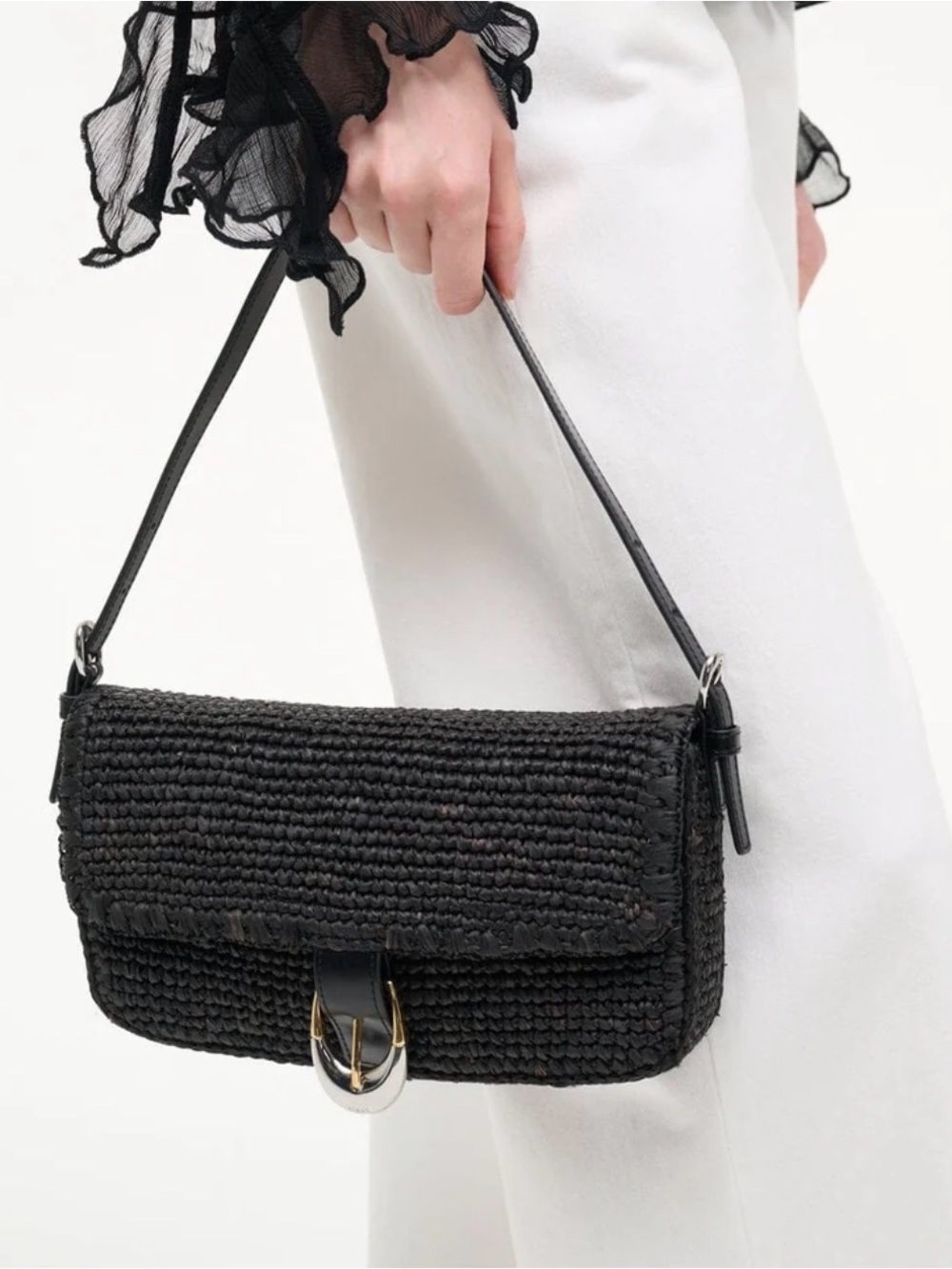STAUD Black Raffia Harlow Shoulder Bag - Picture 3 of 9